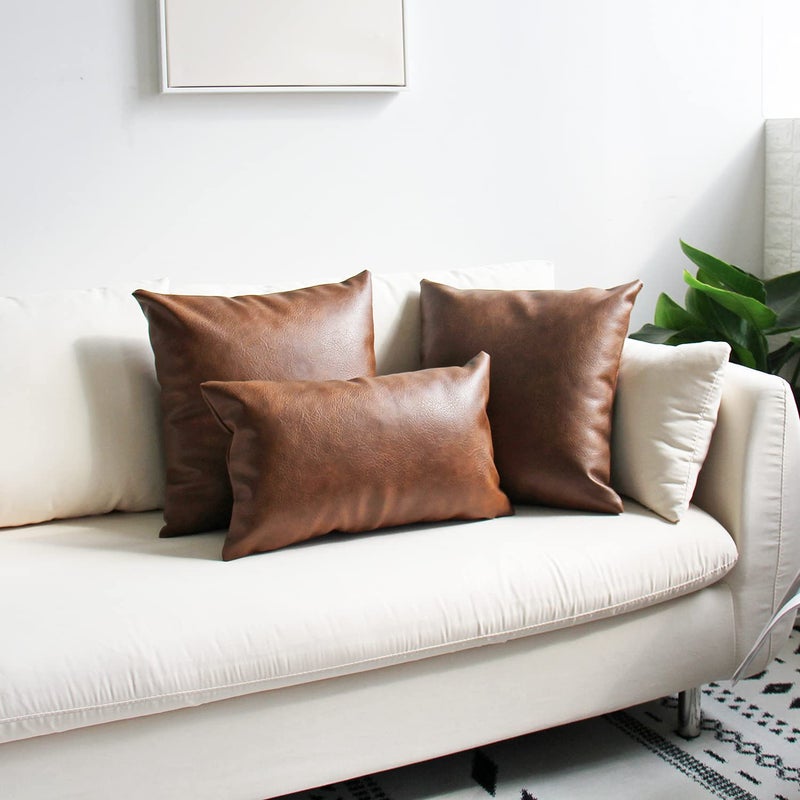 JOJUSIS Modern Leather Throw Pillow Covers for Couch Sofa Bed Set of 2 100% Faux Leather Dark Brown 16" x 16" - Image 3